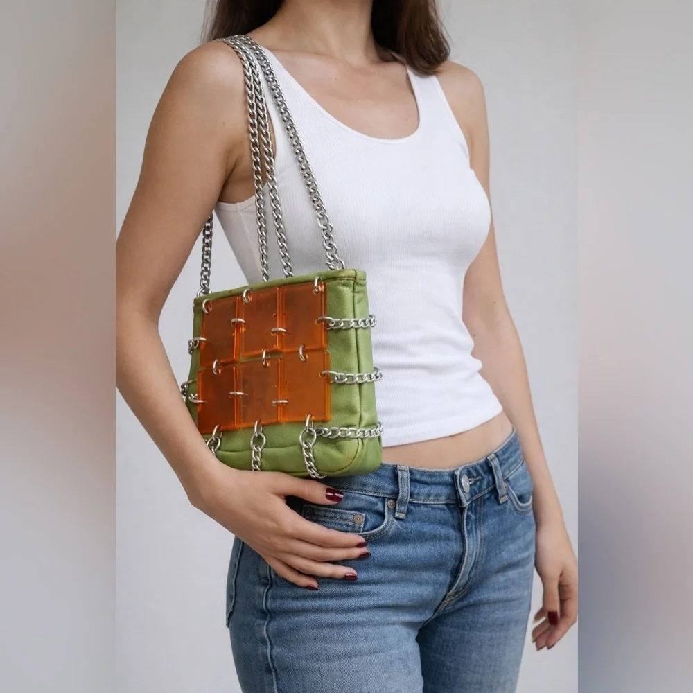 Y2K Green Chain Shoulder Bag – Made in Italy – Acrylic Tile Detail